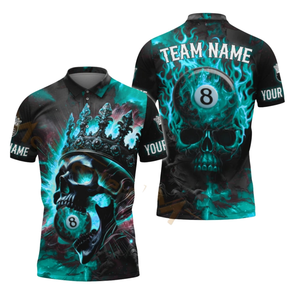Custom Skull Flame 8 Ball Billiard Polo Shirt For Men, Custom Skull Billiard Team Shirts BIZ0281