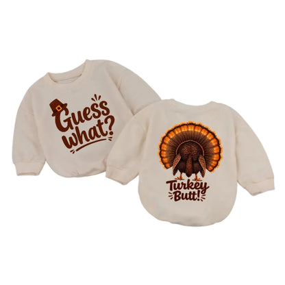 Guess What Turkey Butt Baby Romper Sweatshirt, Funny Thanksgiving Baby Romper Sweater BB0935