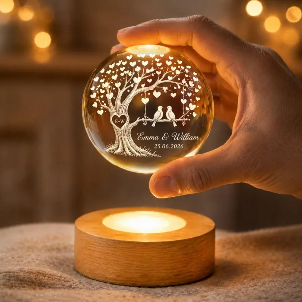 Custom Birds Tree Crystal Ball Night Light With Couple Name, Custom Night Light For Couple WD0373
