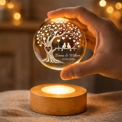 Custom Birds Tree Crystal Ball Night Light With Couple Name, Custom Night Light For Couple WD0373