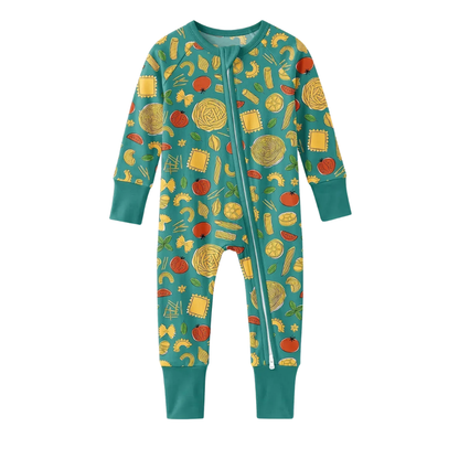 Pasta Lover Green Baby Romper Convertible Zipper, Italian Food Baby Convertible Romper BB0828