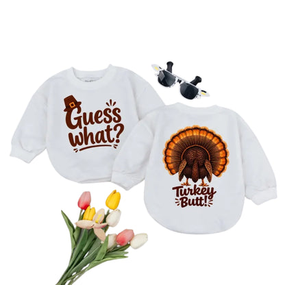 Guess What Turkey Butt Baby Romper Sweatshirt, Funny Thanksgiving Baby Romper Sweater BB0935