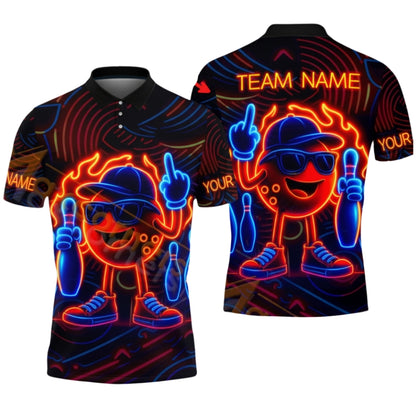 Custom Neon Flame Bowling Polo Shirts Mens, Custom Bowling Team Shirts BZ0353