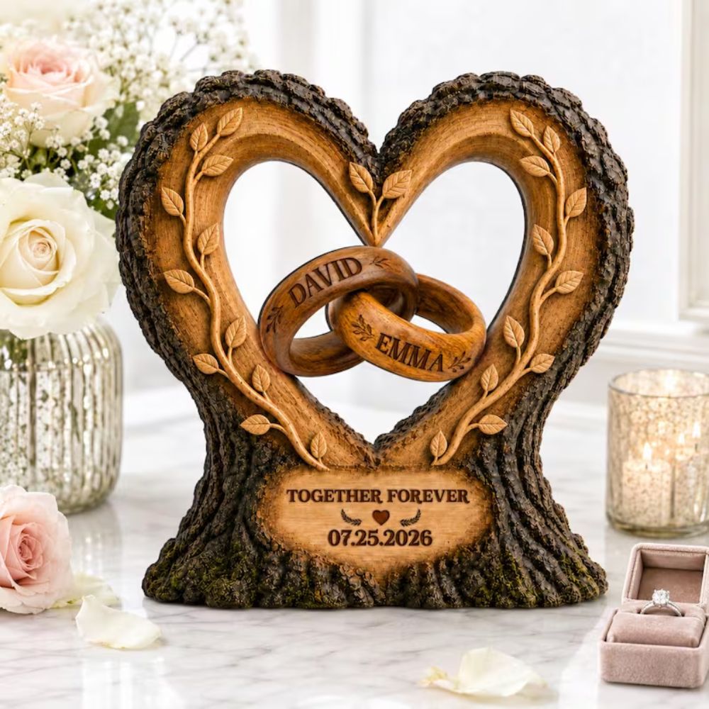 Custom Couple Rings Interlocking Wooden Plaque, Custom Wedding Anniversary Wooden Block WD0768