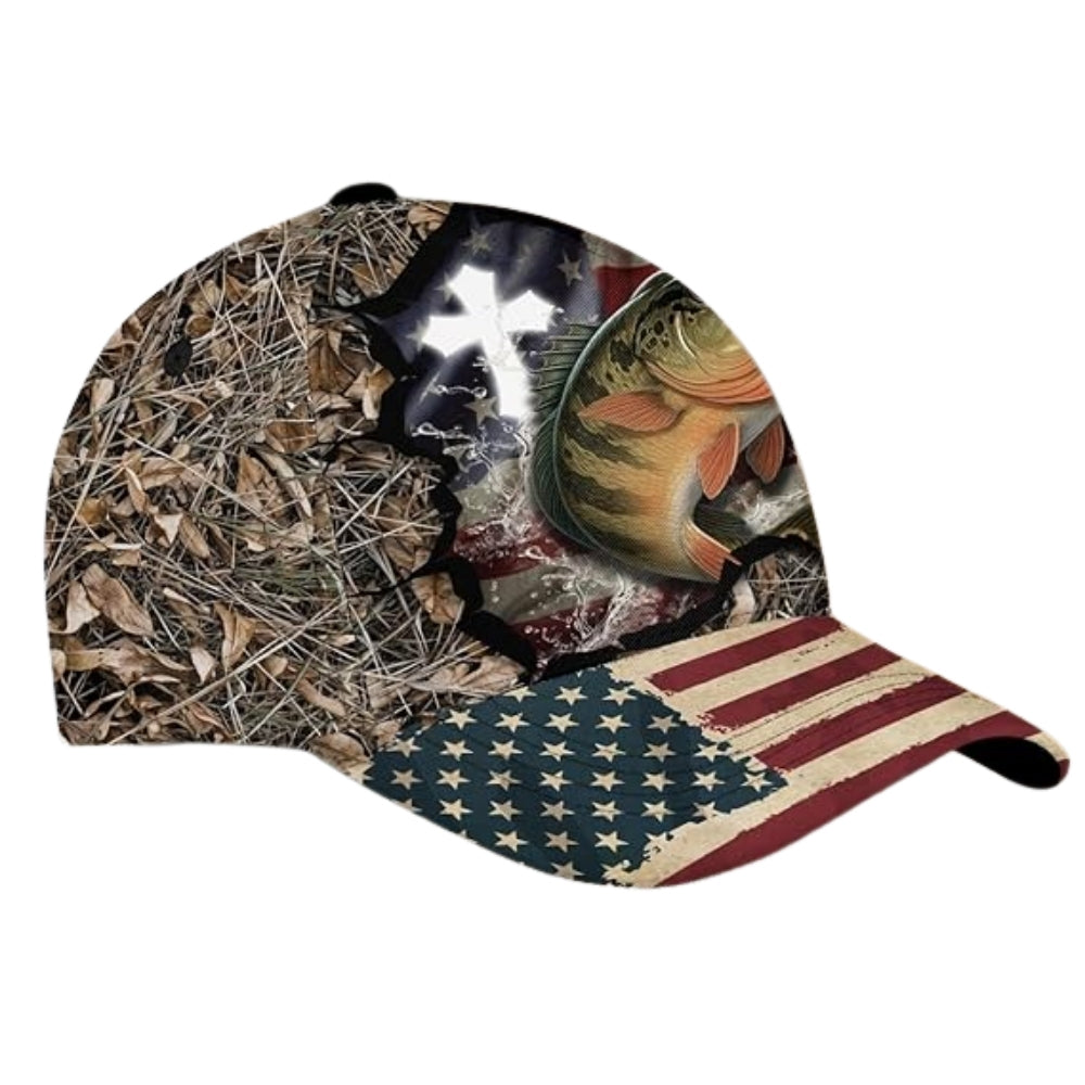 Custom American Flag Bass Fishing Cross Baseball Cap, Custom Christian Fishing Lovers Caps CP0252