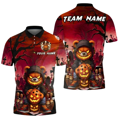 Custom Bear Pumpkin Mens Bowling Polo Shirt, Custom Halloween Bowling Shirts Team BZ0618