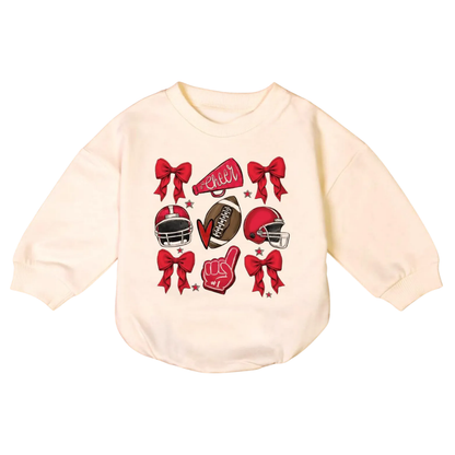 Football Cheer Coquette Bow Baby Romper Sweatshirt, Game Day Baby Romper Sweatshirt BB0025