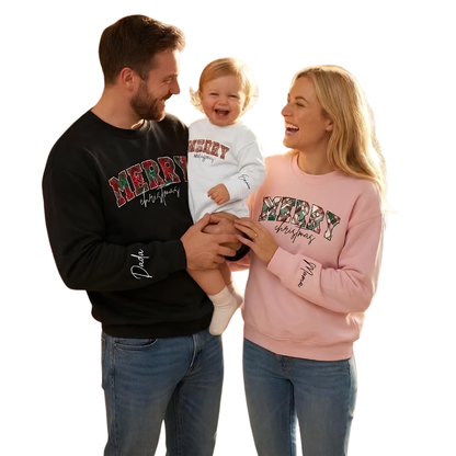 Merry Christmas Plaid Custom Name Family Matching Sweatshirt, Custom Plaid Xmas Sweater For Family ET1703