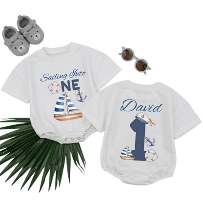 Custom Sailing Into One Birthday Baby TShirt Romper, Custom Nautical 1st Birthday Baby Romper BB0280