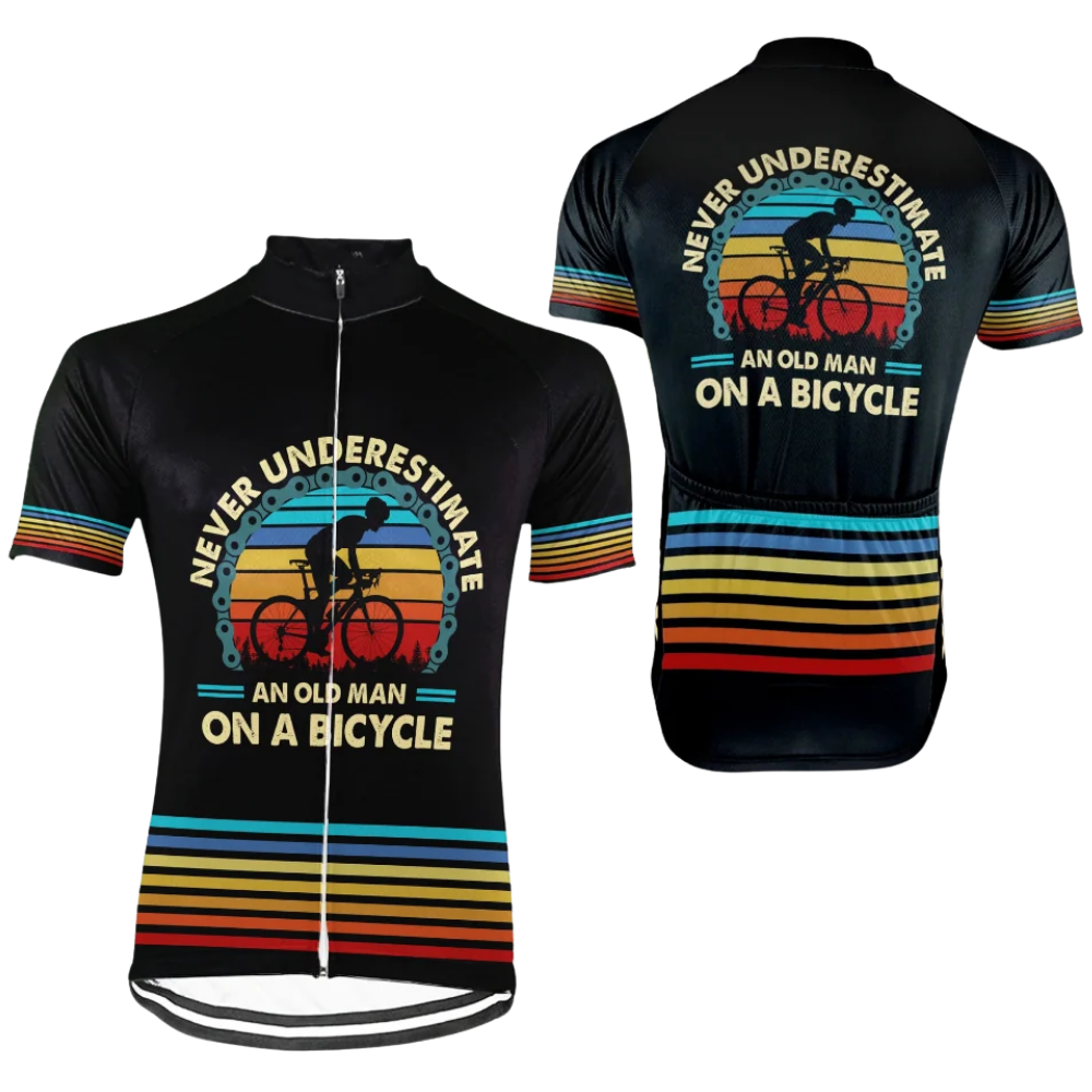 Custom Never Overestimate An Old Man On A Bicycle Cycling Short Sleeve Jersey For Men, Custom Funny Black Cycling Jersey CG0833