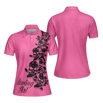 Skull Pink Bowling Polo Shirt For Women, Skull Bowling Shirt For Women BZ1077