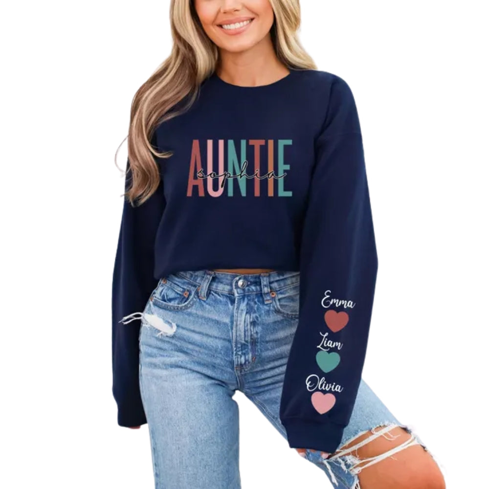 Custom Auntie Sweatshirt With Kid Names on Sleeve, Custom Sweatshirt For Aunt 2D0414