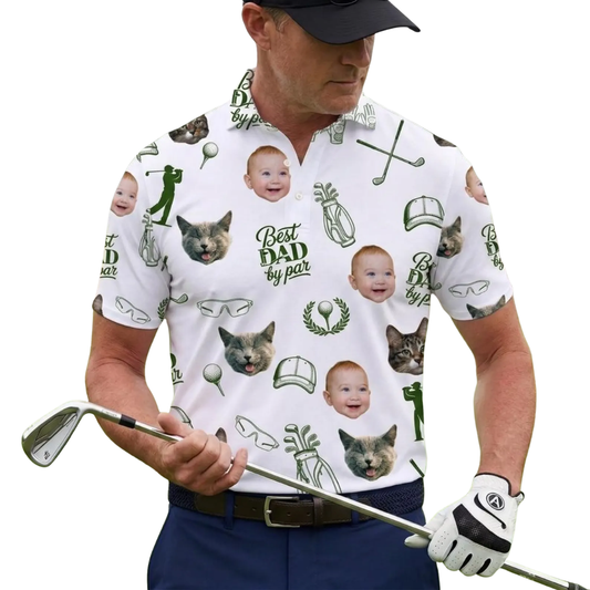 Best Dad By Par Custom Pet Kid Face Mens Golf Polo Shirts Green White, Custom Photo Golf Shirts For Dad Father Day GE0507
