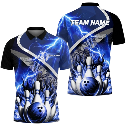 Blue Flame Custom Mens Bowling Polo Shirt, Custom Flame Thunder Bowling Team Shirts BZ0804