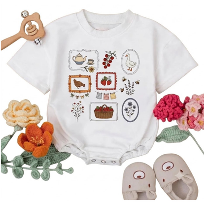 Strawberry Chicken Goose Floral Baby T Shirt Romper, Vintage Garden Baby Romper BB0208