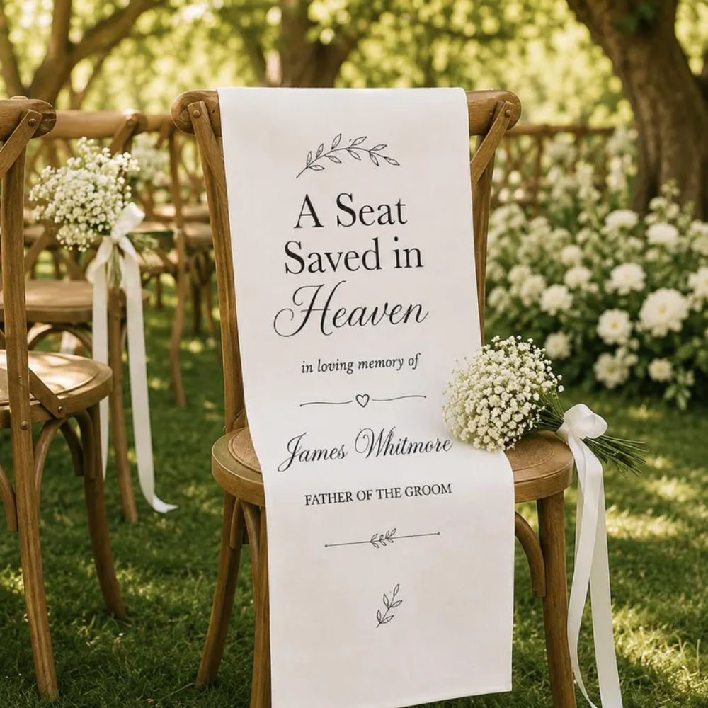 A Seat Saved In Heaven In Loving Memory Custom Wedding Chair Sign, Personalized Memorial Wedding Chair Banner WD0472