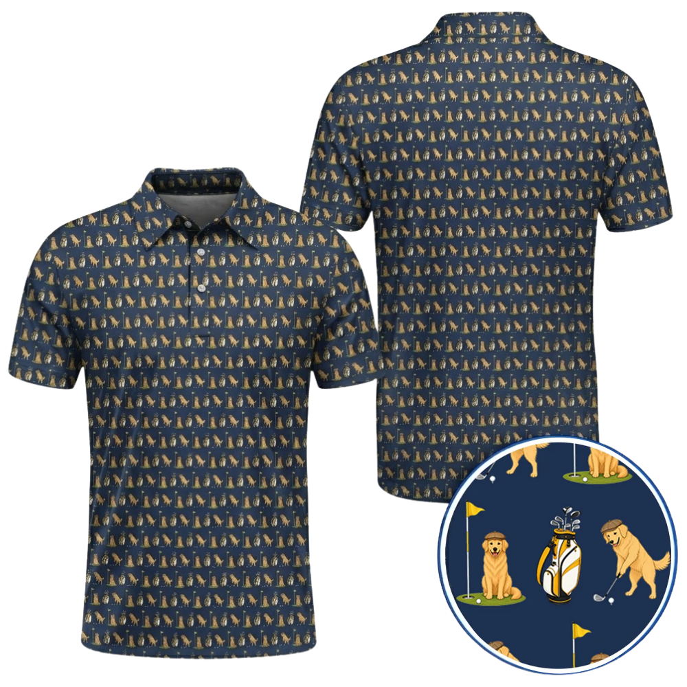 Golden Retriever Playing Golf Men's Golf Polo Shirt, Golden Retriever Lover Golf Shirt GZ0382