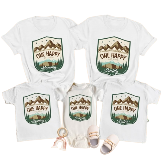 One Happy Camper Custom Year Camp First Birthday Matching Family T Shirt, Personalized First Birthday Camping Family Shirts ET1170