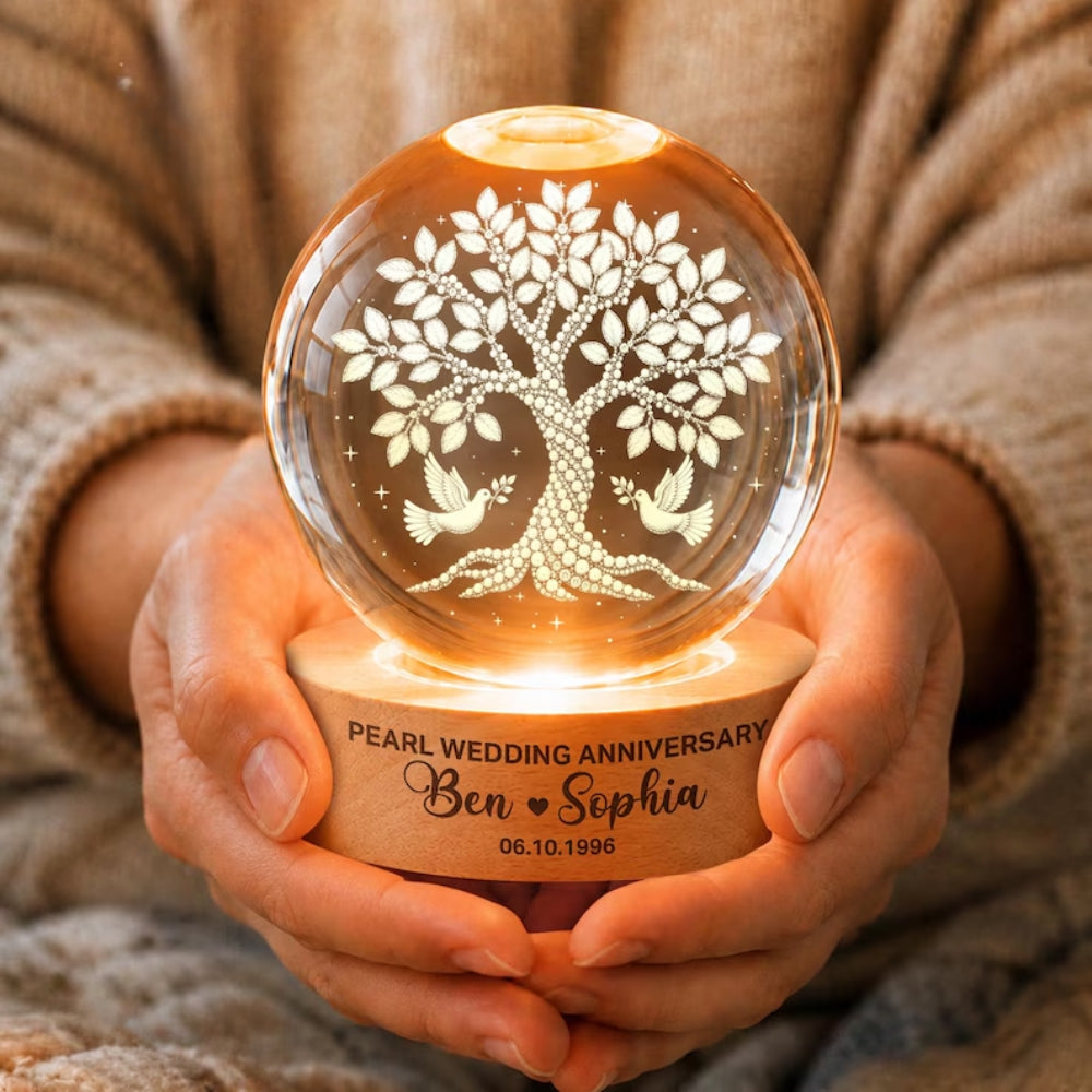 Custom Pearl Tree Crystal Ball Led Night Light Wedding Anniversary, Custom 30th Anniversary Couple Night Light WD0839