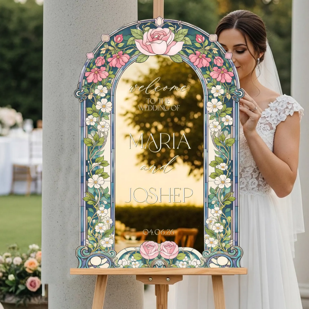 Custom Flower Stained Glass Wedding Welcome Acrylic Mirror Sign, Custom Floral Stained Glass Sign For Wedding WD0728