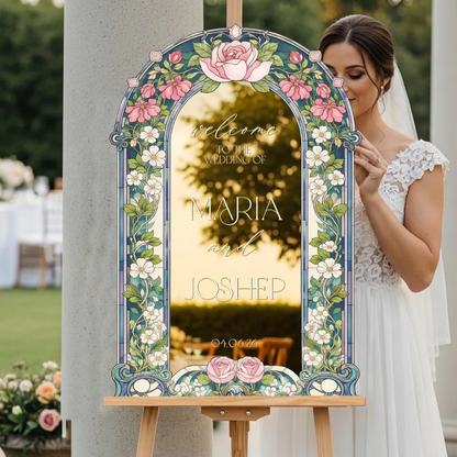 Custom Flower Stained Glass Wedding Welcome Acrylic Mirror Sign, Custom Floral Stained Glass Sign For Wedding WD0728