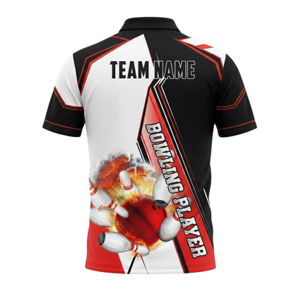 Flaming Ball Custom Bowling Mens Polo Shirt, Custom Flame Bowling Shirts For Team BZ0547