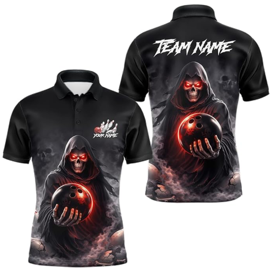 Custom Skull Black Bowling Polo Shirt For Men, Custom Skull Bowling Team Shirt BZ0942