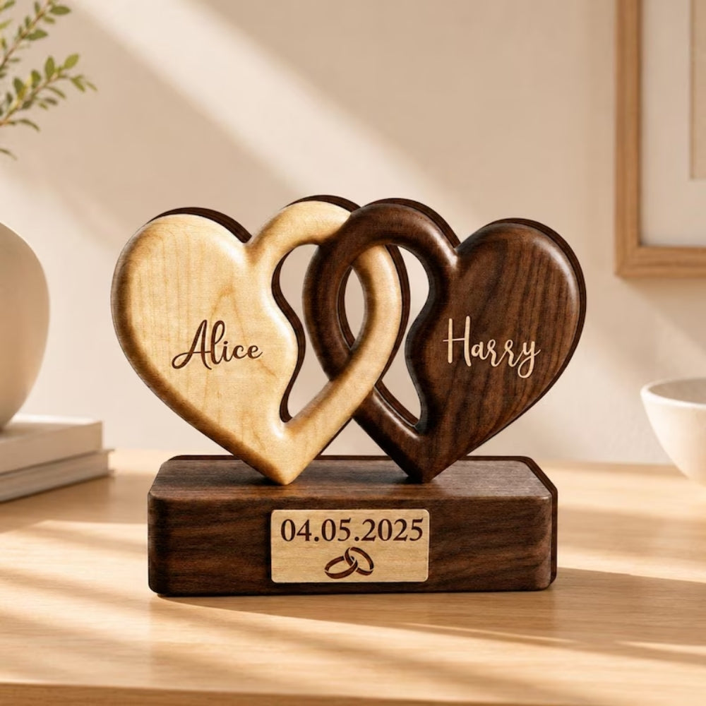 Interlocking Hearts Custom Couple Name Wooden Plaque, Custom Anniversary Wedding Engagement Wooden Block WD0764