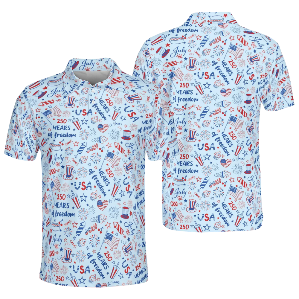 250 Years Of Freedom American Flag Golf Polo Shirt Men, 4th Of July Golf Shirts GE0478