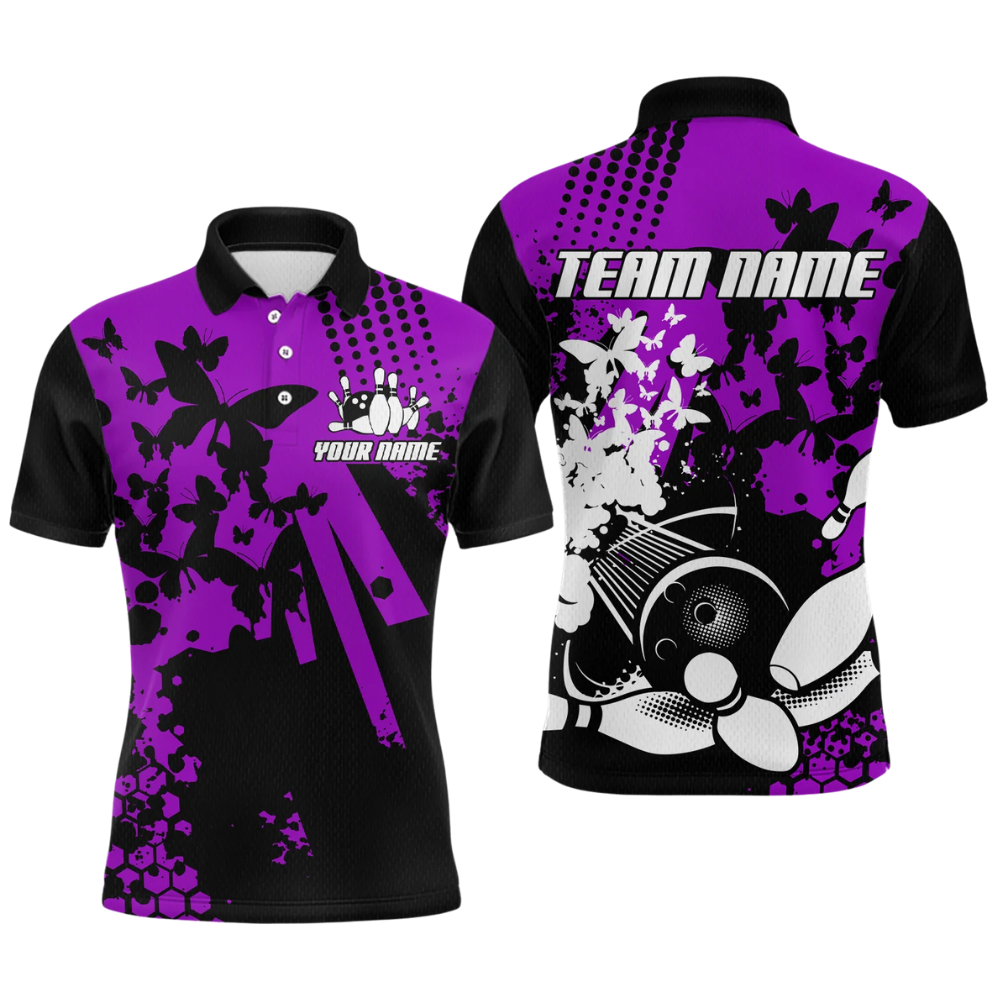 Custom Butterfly Mens Bowling Polo Shirt Purple And Black, Custom Butterfly Bowling Shirts For Team BZ0518