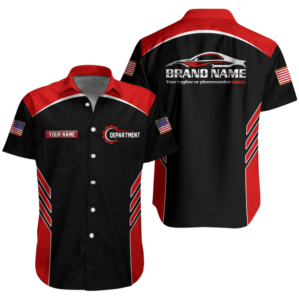 Personalized Racing Team Workwear Button Hawaiian Shirt Men, Custom Mechanic Uniform Shirts For Company HE0379