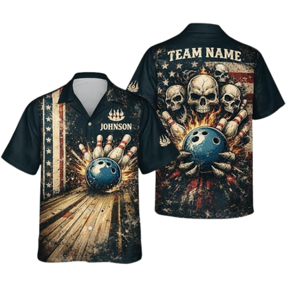 Skull USA Flag Vintage Custom Mens Hawaiian Bowling Shirt, Custom Skull Bowling Team Shirts BZ0646
