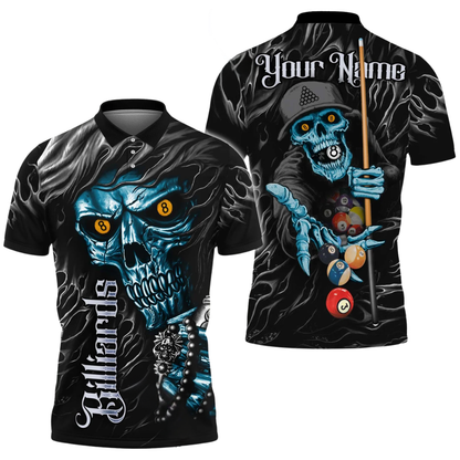 Custom Skull Black Cyan Billiard Polo Shirts for Men, Custom Skull Billiard Shirts BIZ0309
