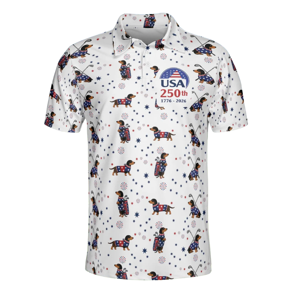 USA Flag 250th Dachshund Golf Mens Polo Shirt, Fourth Of July Dachshund Golf Shirts GE0551