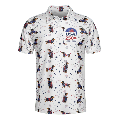 USA Flag 250th Dachshund Golf Mens Polo Shirt, Fourth Of July Dachshund Golf Shirts GE0551