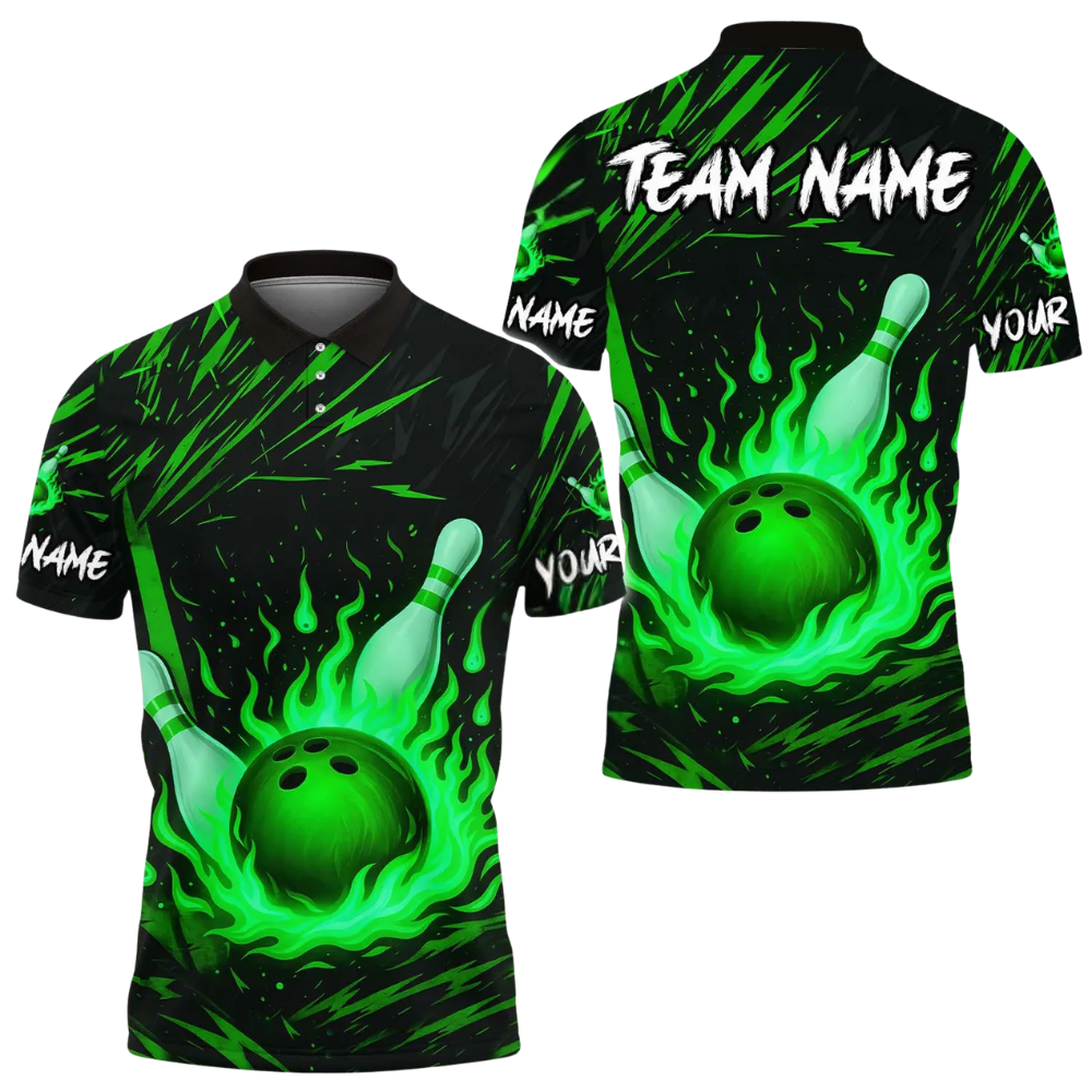 Custom Flame Ball Bowling Mens Polo Shirt, Custom Flame Bowling Team Shirts BE0198