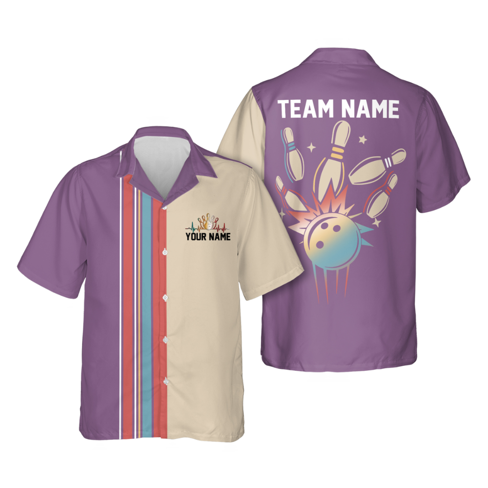 Custom Retro Purple Beige Bowling Hawaiian Shirts For Men, Custom Retro Bowling Team Shirts HB0201