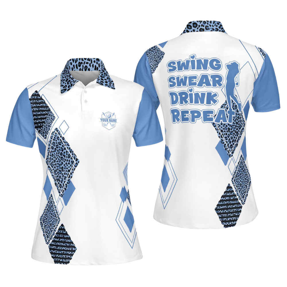 Swing Swear Drink Repeat Custom Leopard Black Pink Golf Polo Shirt Ladies, Custom Funny Golf Shirt For Women GE0601