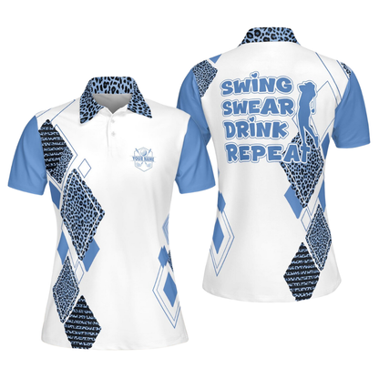Swing Swear Drink Repeat Custom Leopard Black Pink Golf Polo Shirt Ladies, Custom Funny Golf Shirt For Women GE0601