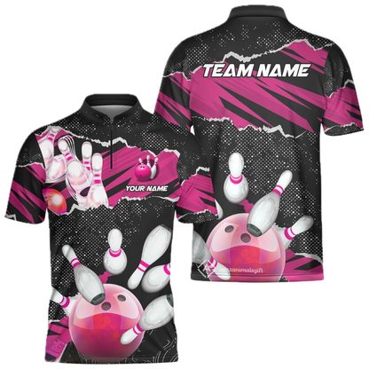 Custom Team Black Pink Grunge Bowling Jersey For Mens, Custom Bowling Shirts BZ0608