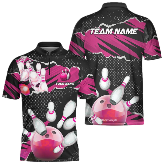 Custom Team Black Pink Grunge Bowling Jersey For Mens, Custom Bowling Shirts BZ0608