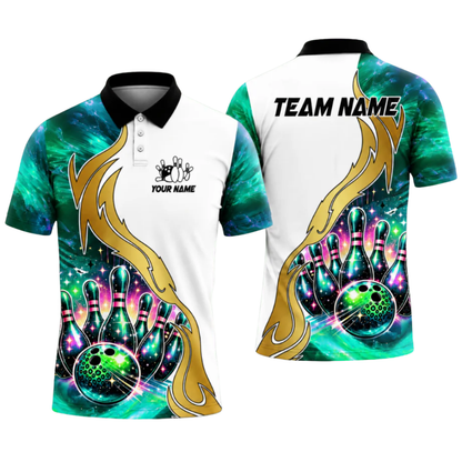 Custom Team Galaxy Pins And Ball Bowling Polo Shirt For Men, Custom Bowling Team Shirts BZ0483