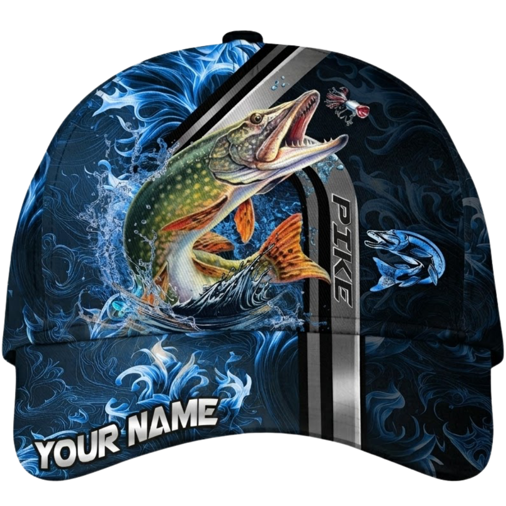 Custom Pike Fishing Blue Flame Baseball 3D Cap, Personalized Pike Fishing Hat With Name CP0609