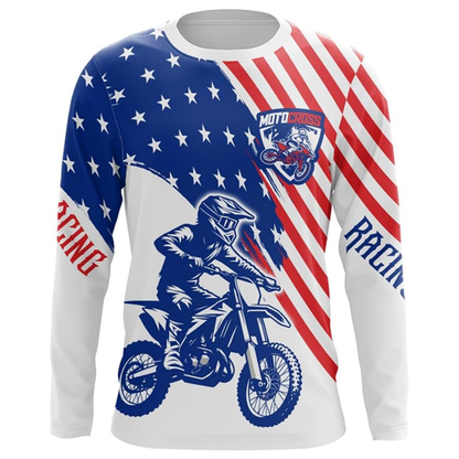 American Flag Custom Motocross Long Sleeve Jersey Mens, Custom Patriotic Racing Dirt Bike Shirts MZ0104