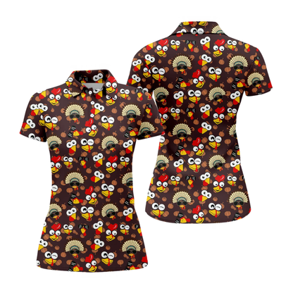 Funny Turkey Pumpkin Women's Brown Golf Polo Shirt, Thanksgiving Golf Shirts For Women GZ0456