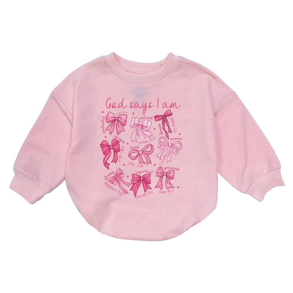 God Says I Am Baby Pink Coquette Bow Romper Sweatshirt, Bible Verse Christian Baby Romper Sweatshirt BB0108