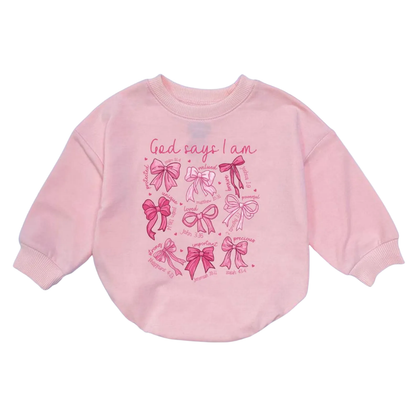 God Says I Am Baby Pink Coquette Bow Romper Sweatshirt, Bible Verse Christian Baby Romper Sweatshirt BB0108