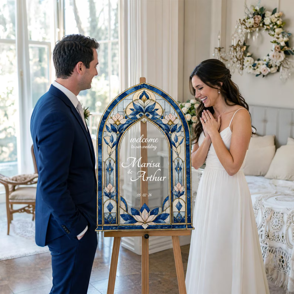 Custom Blue Stained Glass Lotus Wedding Welcome Acrylic Sign, Custom Stained Glass Welcome Sign For Wedding WD0677
