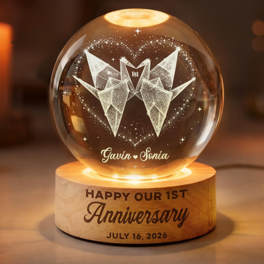 Personalized 1st Anniversary Crystal Ball Led Night Light, Custom 1 Year Wedding Anniversary Night Light WD0844