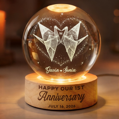 Personalized 1st Anniversary Crystal Ball Led Night Light, Custom 1 Year Wedding Anniversary Night Light WD0844